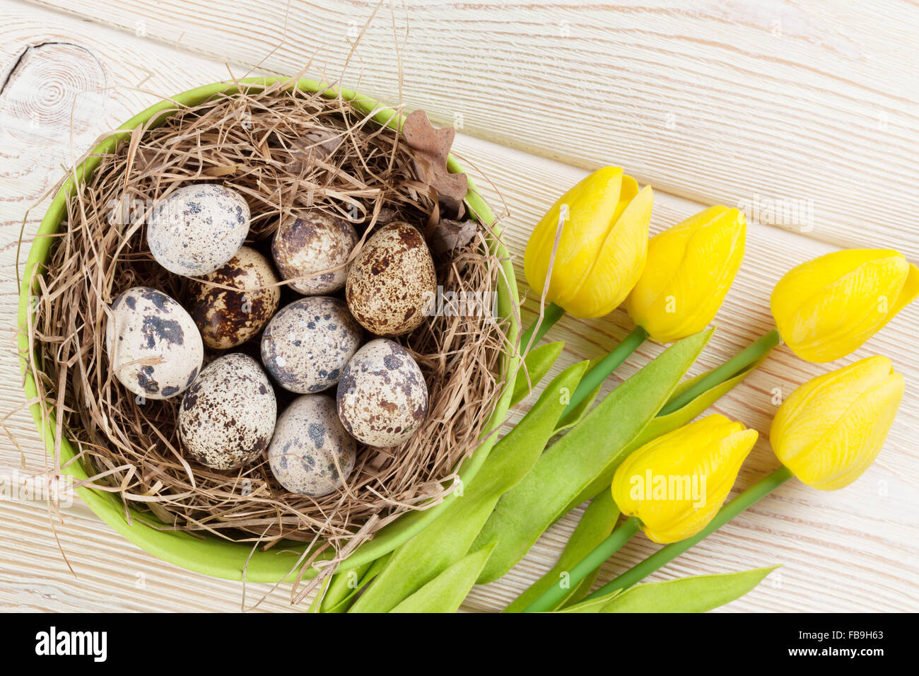 Easter card with eggs in nest and yellow tulips over white wooden table ...