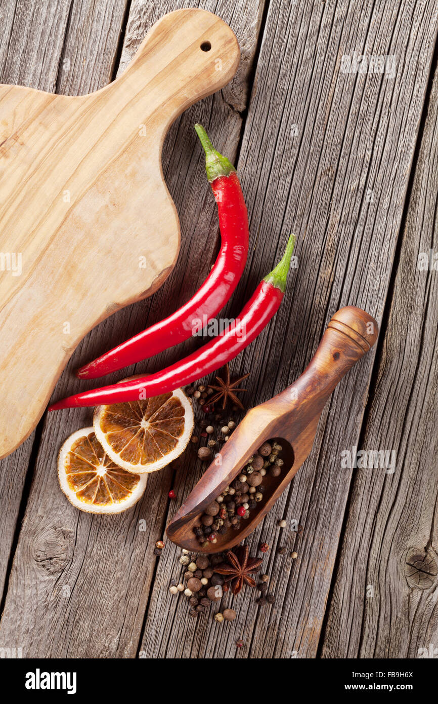 Spices on wooden table. Top view Stock Photo