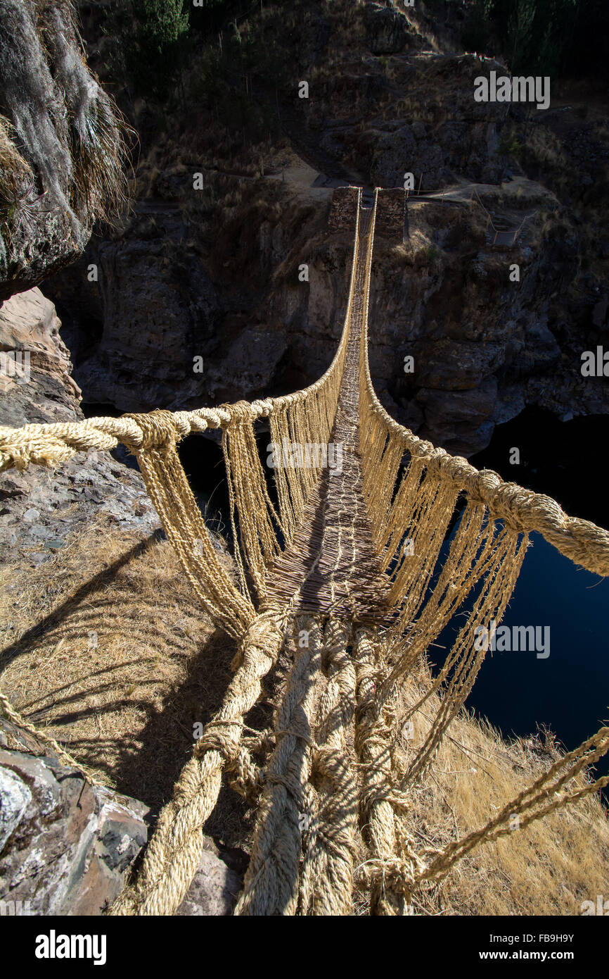 Last intact Inca rope bridge made of braided Peruvian feathergrass