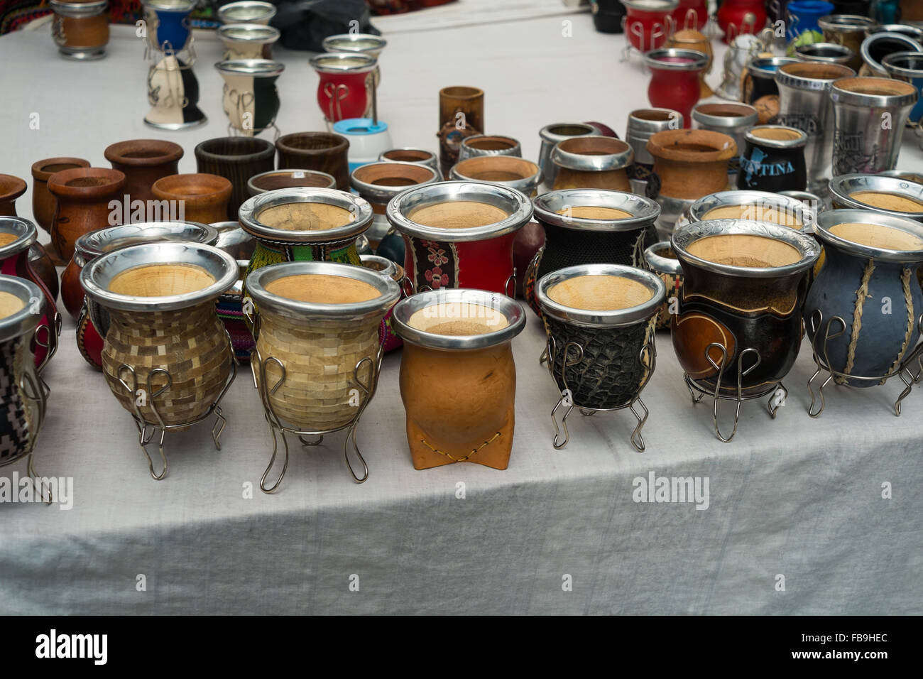 Traditional mate cups for sale on a Buenos Aires street market Stock Photo