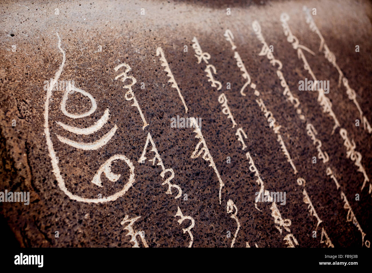 Centuries old Buddhist petroglyphs carved in Mongol script (Hudum Mongol bichig) in a remote part of the Gobi Desert, Mongolia. Stock Photo