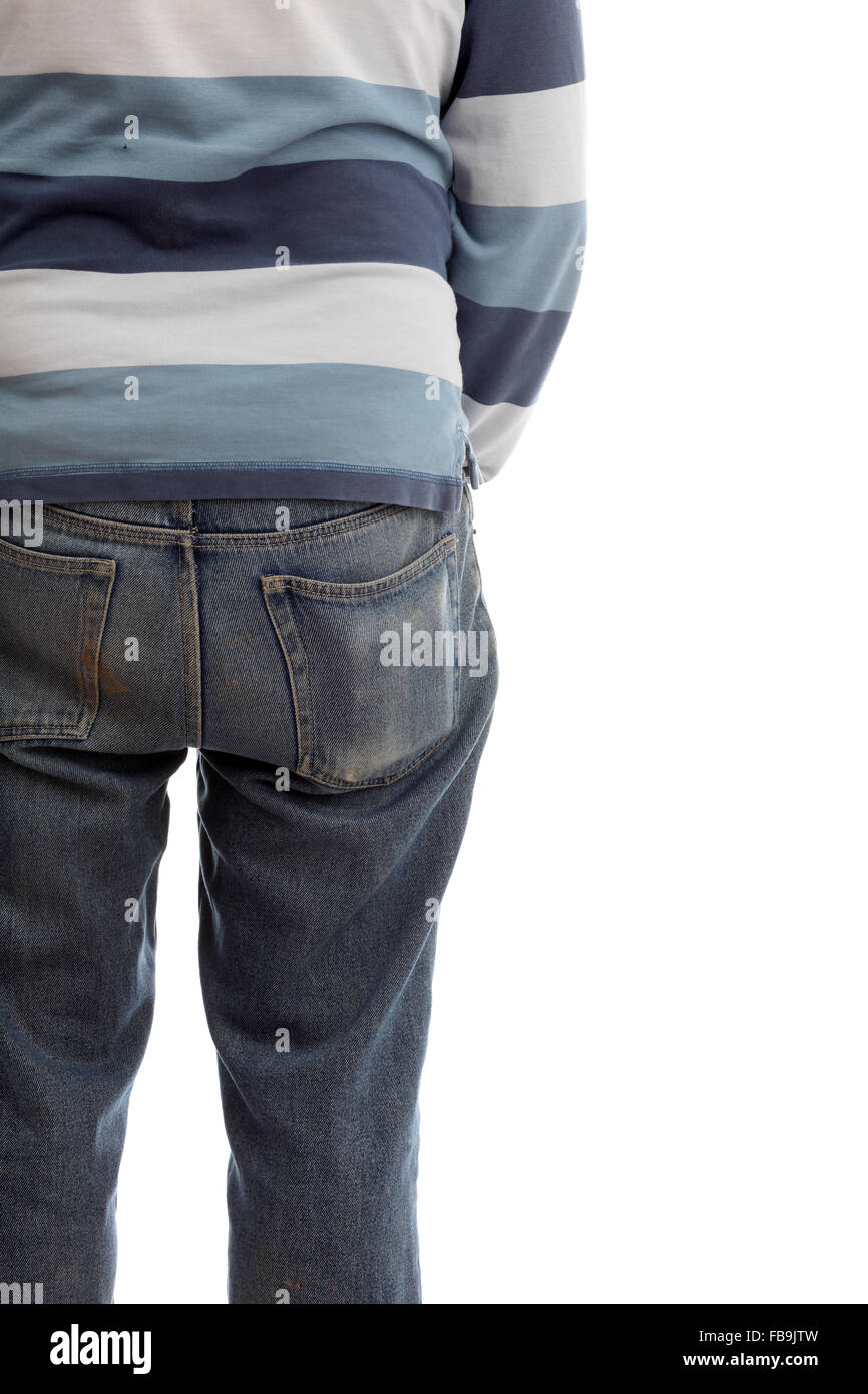 Part of the rear view of a mature man in Jeans and shirt. Stock Photo