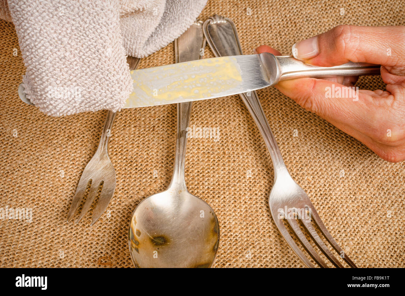 Woman Cleaning Silverware Stock Photo - Download Image Now