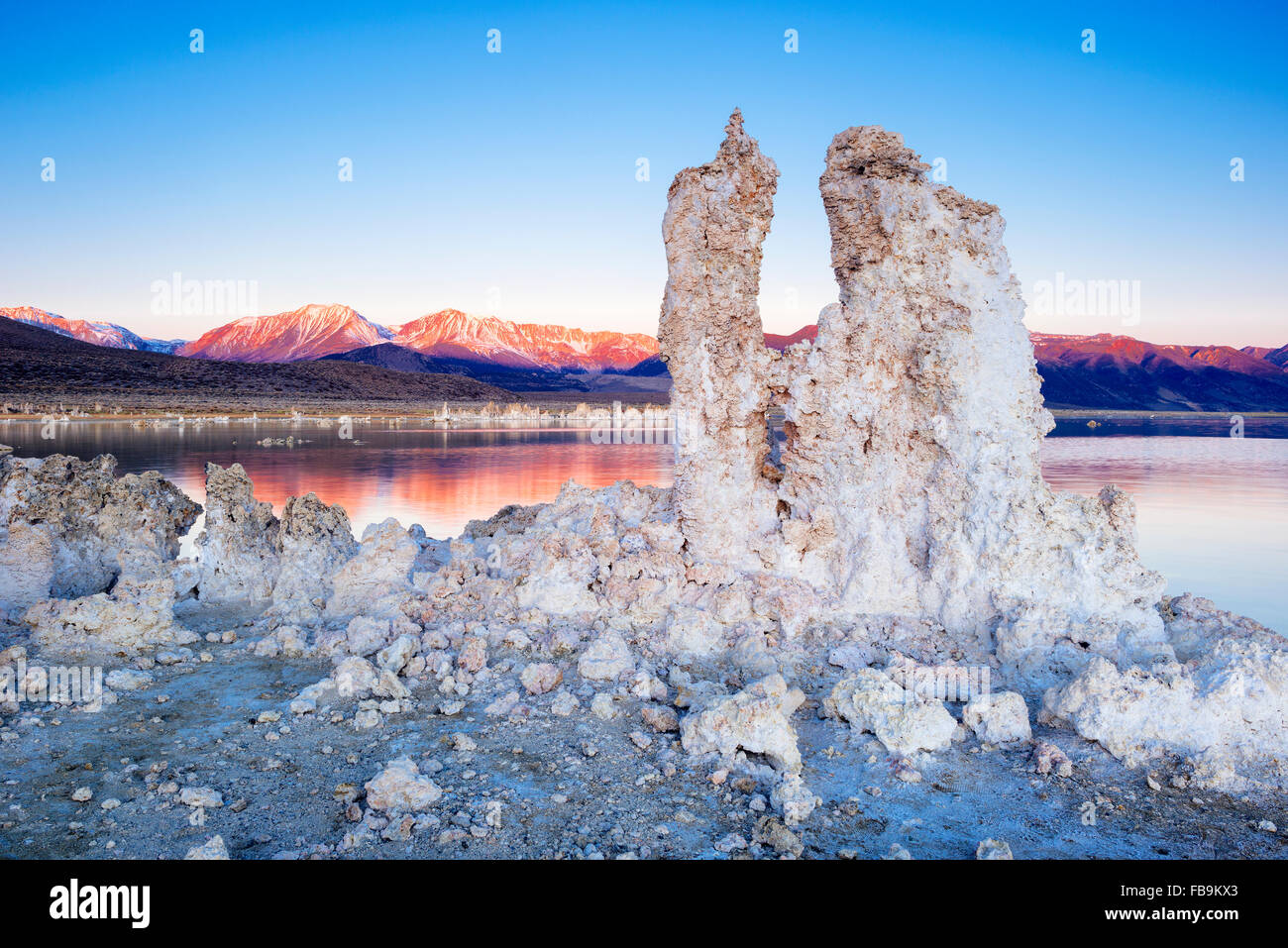 Tufa rock formations at South Tufa, Mono Lake, California, with the Eastern Sierras in the background Stock Photo
