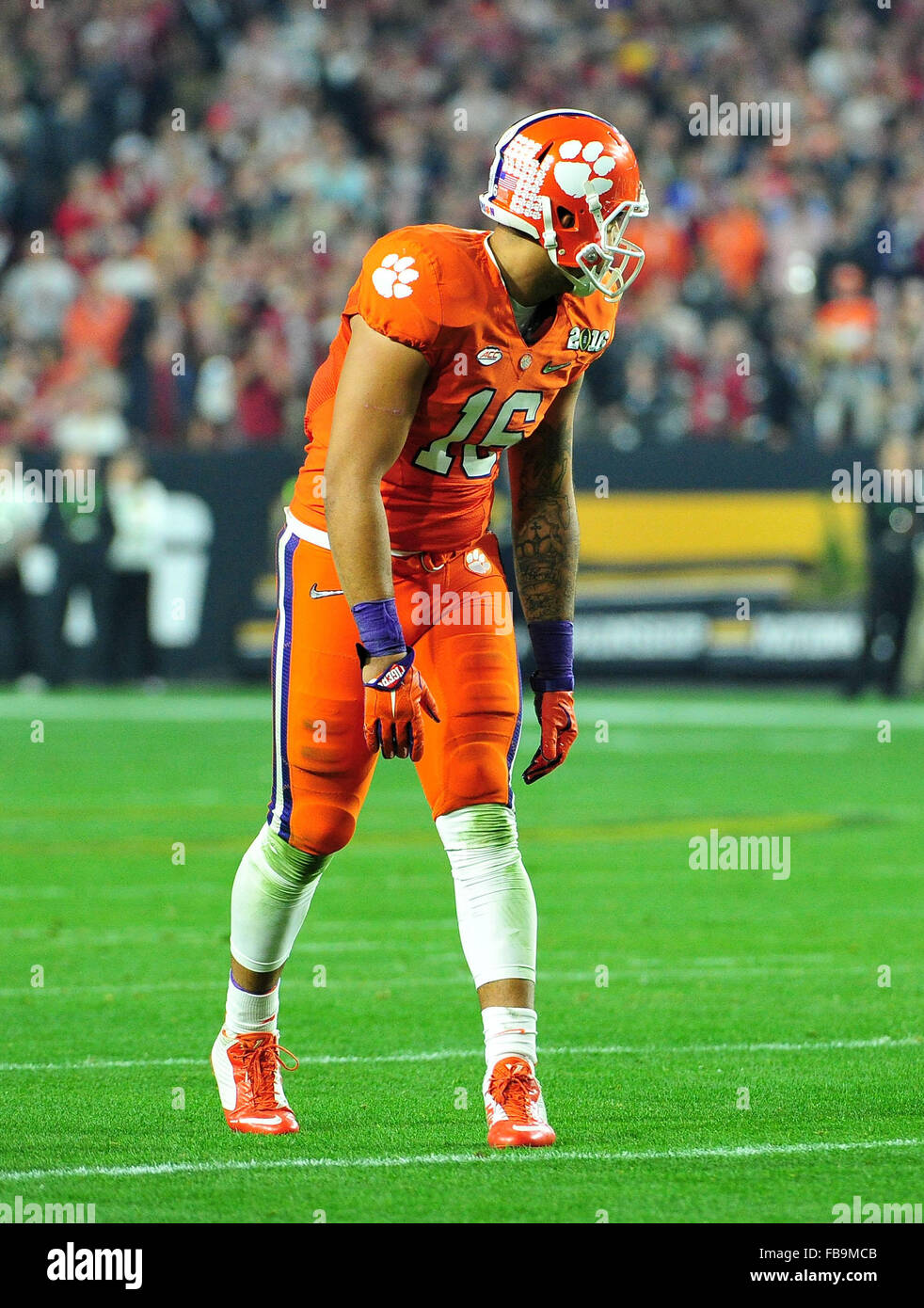 Glendale, AZ, USA. 11th Jan, 2016. Jordan Leggett #16 of Clemson during the 2016 College Football Playoff National Championship game between the Alabama Crimson Tide and the Clemson Tigers at University of Phoenix Stadium in Glendale, AZ. John Green/CSM/Alamy Live News Stock Photo