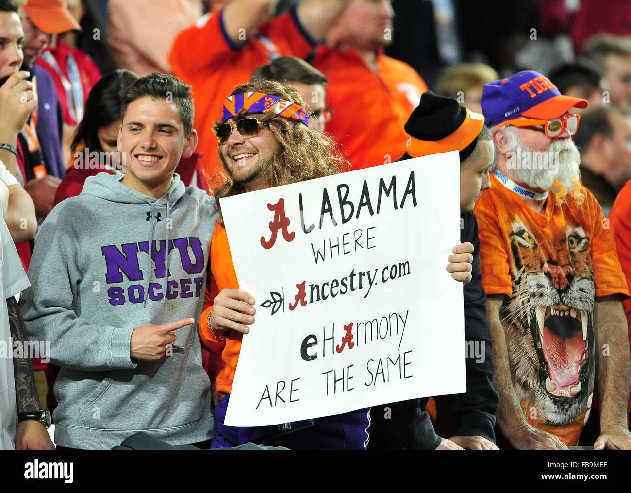Glendale, AZ, USA. 11th Jan, 2016. Clemson fans during to the 2016 College Football Playoff National Championship game between the Alabama Crimson Tide and the Clemson Tigers at University of Phoenix Stadium in Glendale, AZ. John Green/CSM/Alamy Live News Stock Photo