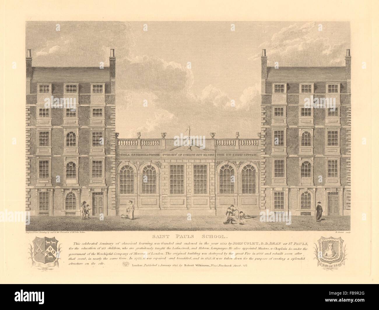 SAINT PAULS SCHOOL, on its earlier Cheapside site. John Colet. London, 1834 Stock Photo