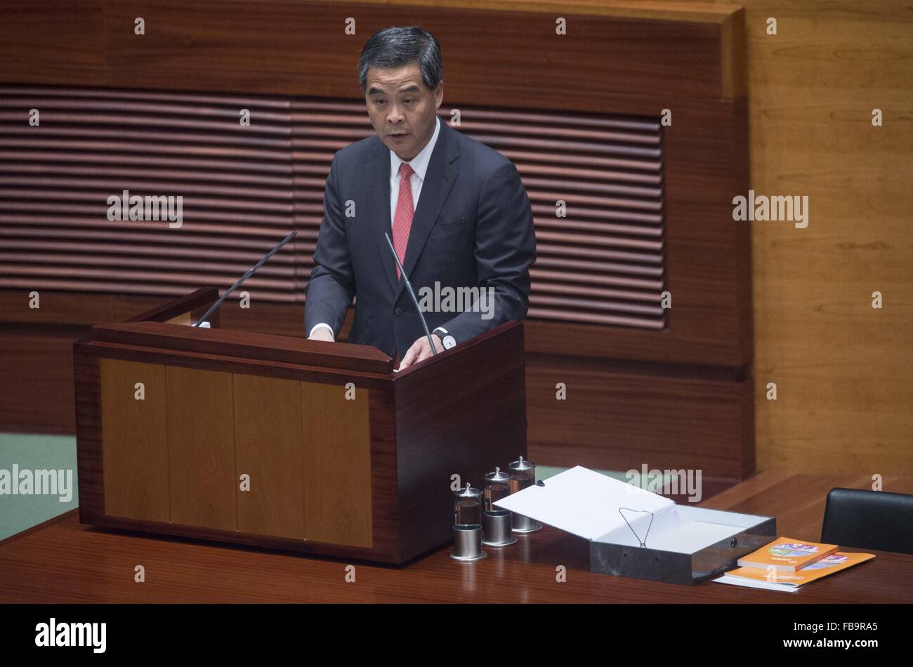 Hong Kong, China. 13th Jan, 2016. Hong Kong Chief Executive Leung Chun-ying delivers his annual policy address at the Legislative Council in Hong Kong, south China, Jan. 13, 2016. © Lui Siu Wai/Xinhua/Alamy Live News Stock Photo