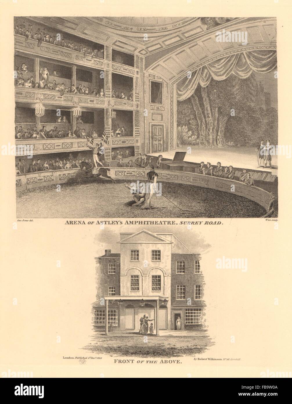 ASTLEY'S AMPHITHEATRE, Westminster Bridge Road, Lambeth. Interior & front, 1834 Stock Photo