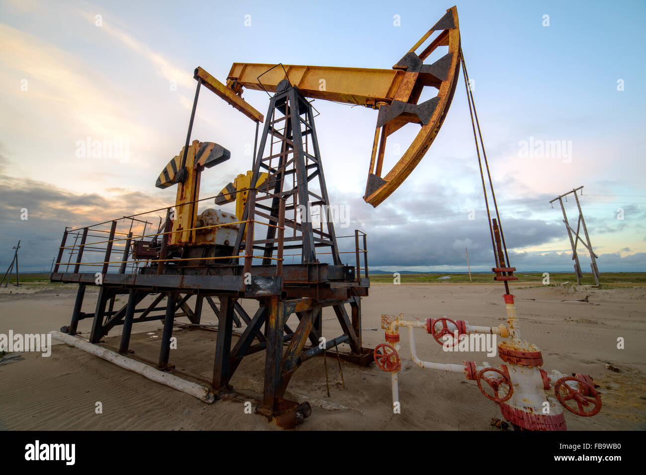 Oil field equipment. Northern part of Sakhalin Island, Russia, sand spit Piltun. Stock Photo