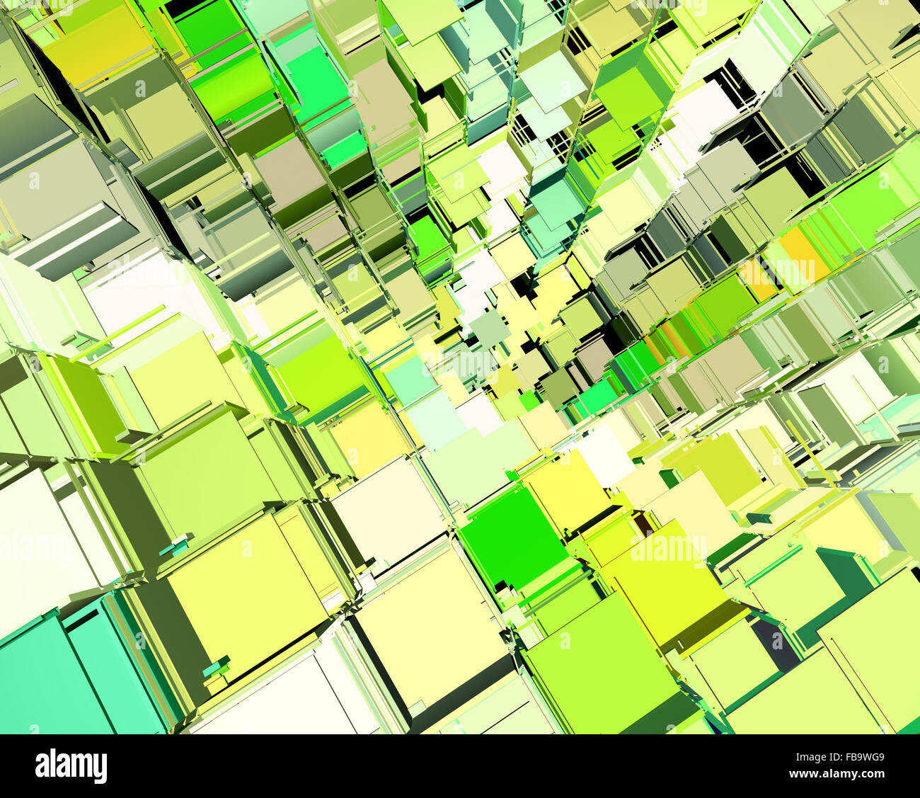 3d abstract fragmented cube pattern green yellow backdrop Stock Photo