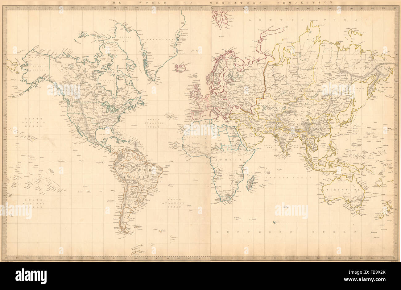 WORLD ON MERCATOR'S PROJECTION. Pre-Mexican-American war. SDUK, 1844 old map Stock Photo