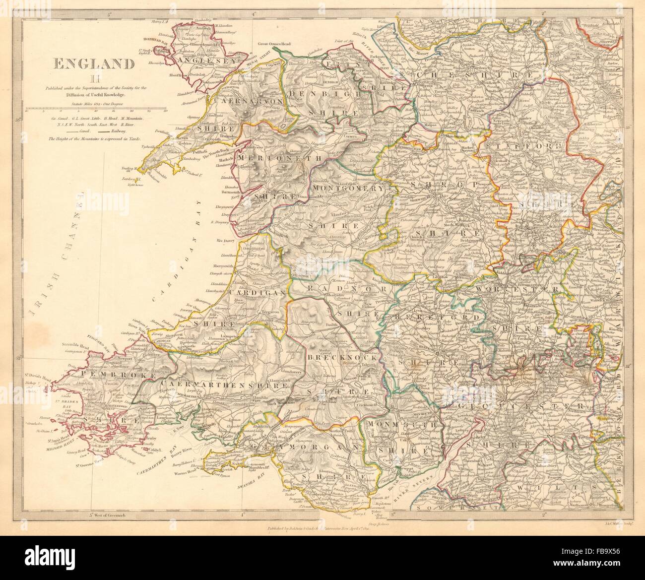 WALES & ENGLAND WEST MIDLANDS. Showing counties. Original colour.SDUK, 1844 map Stock Photo