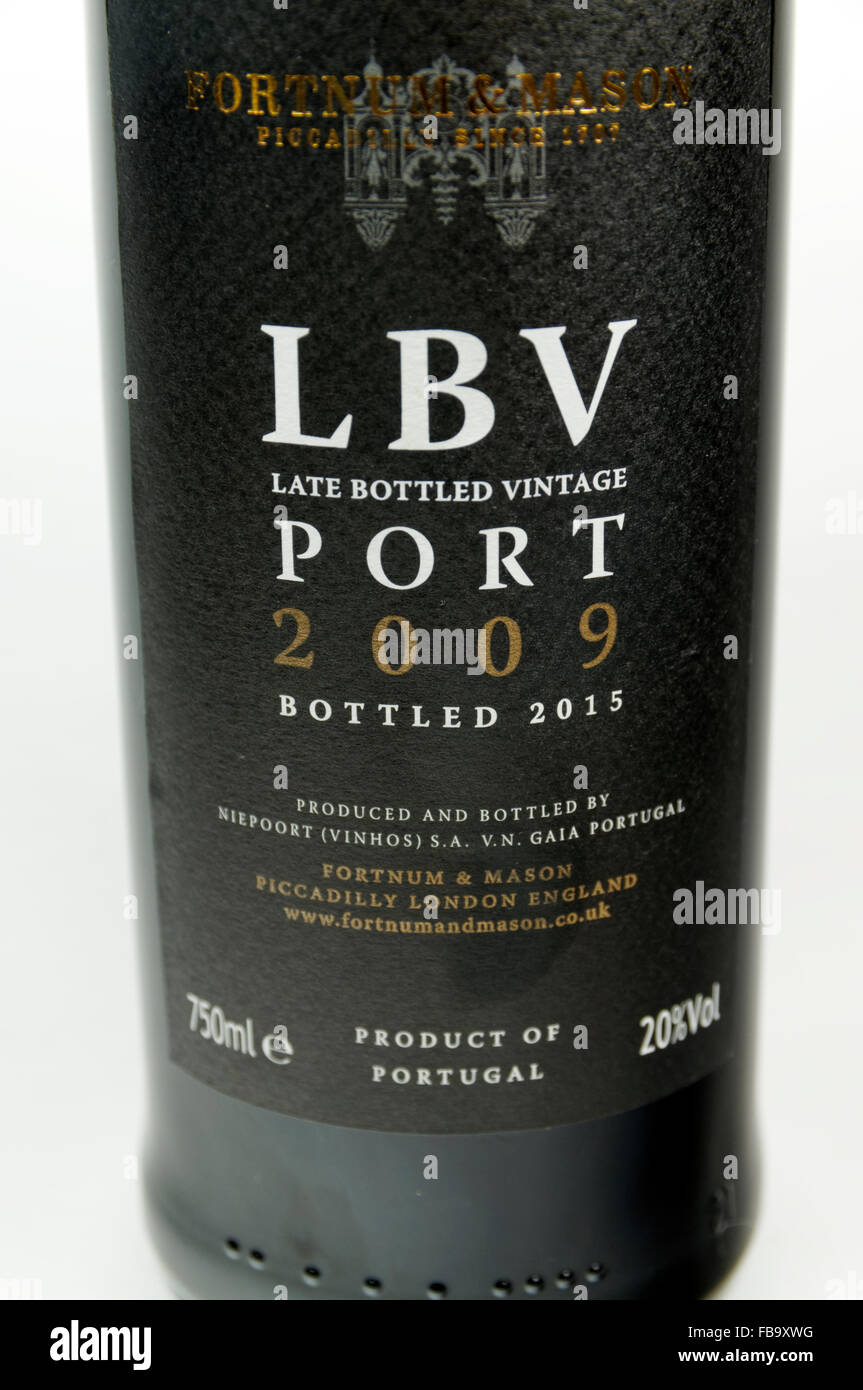 Bottle of Fortnum and Mason Late Bottled Vintage Port Wine. Stock Photo