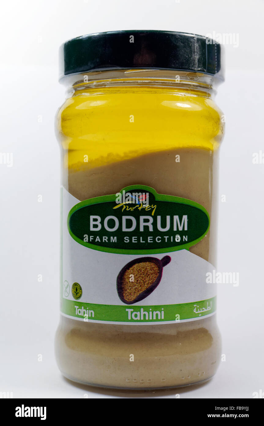 Jar of Bodrum Brand Turkish Tahini, crushed Sesame seed paste. Stock Photo