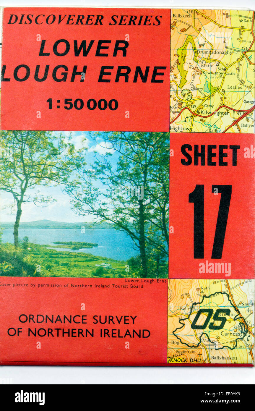 Cover of old 1:50000 Ordnance Survey of Northern Ireland map of Lower Lough Erne, County Fermanagh, Northern Ireland. Stock Photo