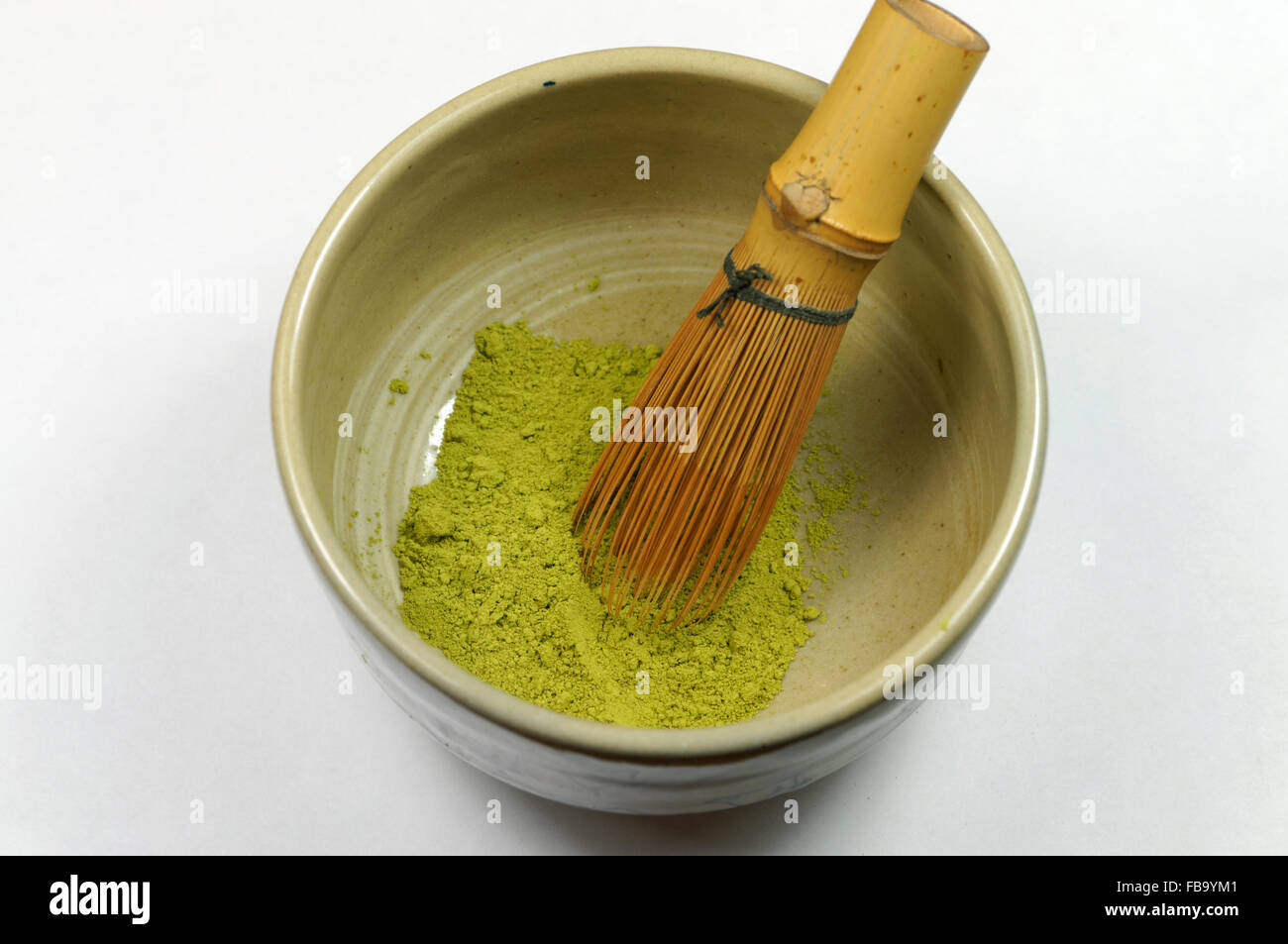 Matcha tea in a Chawan traditional tea bowl and Chasan Whisk, Japanese tea ceremony. Stock Photo