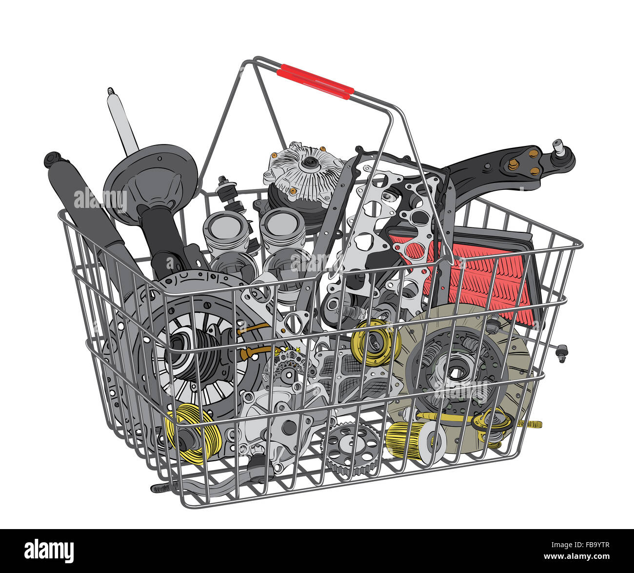 Basket with many spare parts for the passenger car Stock Photo