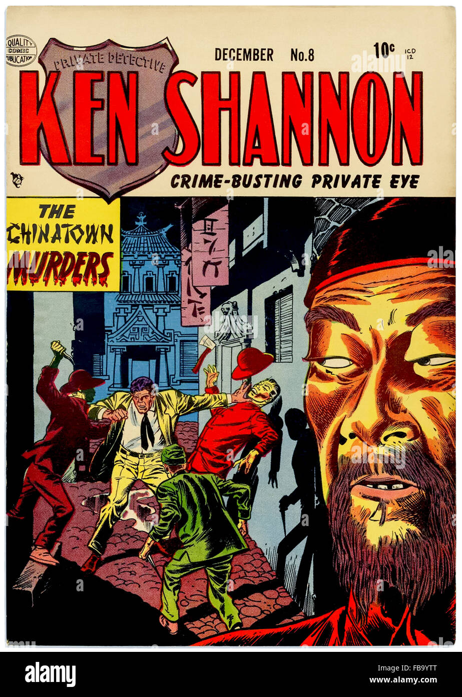 'Ken Shannon' Issue 8, December 1952 published by Quality Comics Group featuring the story 'The Chinatown Murders' where the crime busting private investigator investigates murders in an opium den. Artwork by Reed Crandall (1917-1982), story by Robert Bernstein (1919-1988). See description for more information. Stock Photo