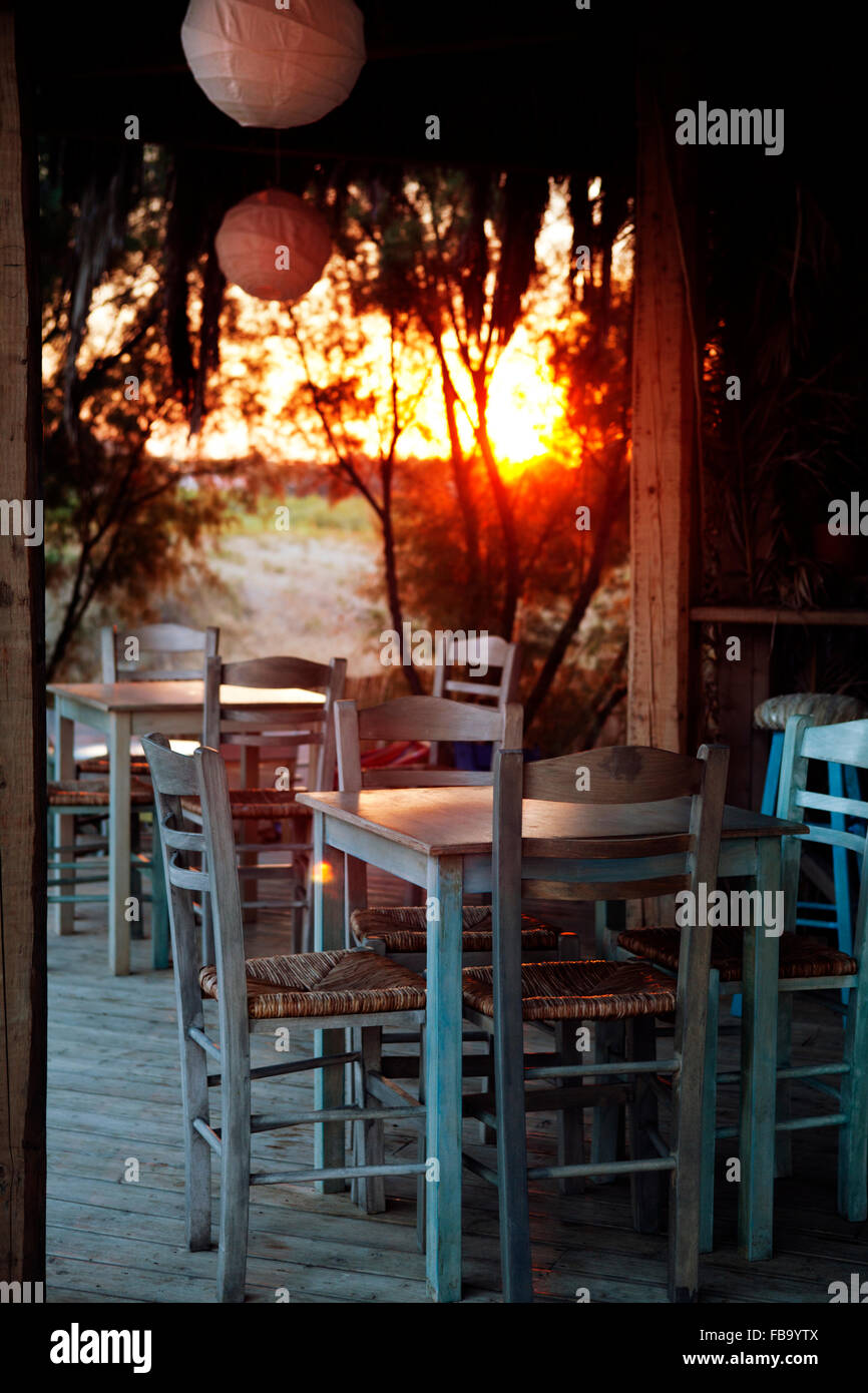 Greek tavern exterior tables near Xi beach Megas Lakkos beach, Lixouri