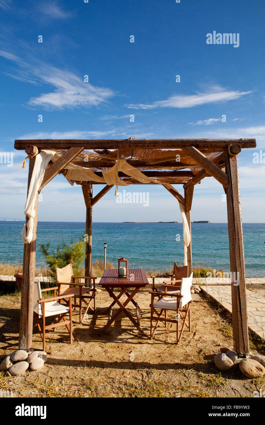 Summer porch with view over the ocean. Mega lakkos beach, Lixouri, Kefalonia, Greece Stock Photo