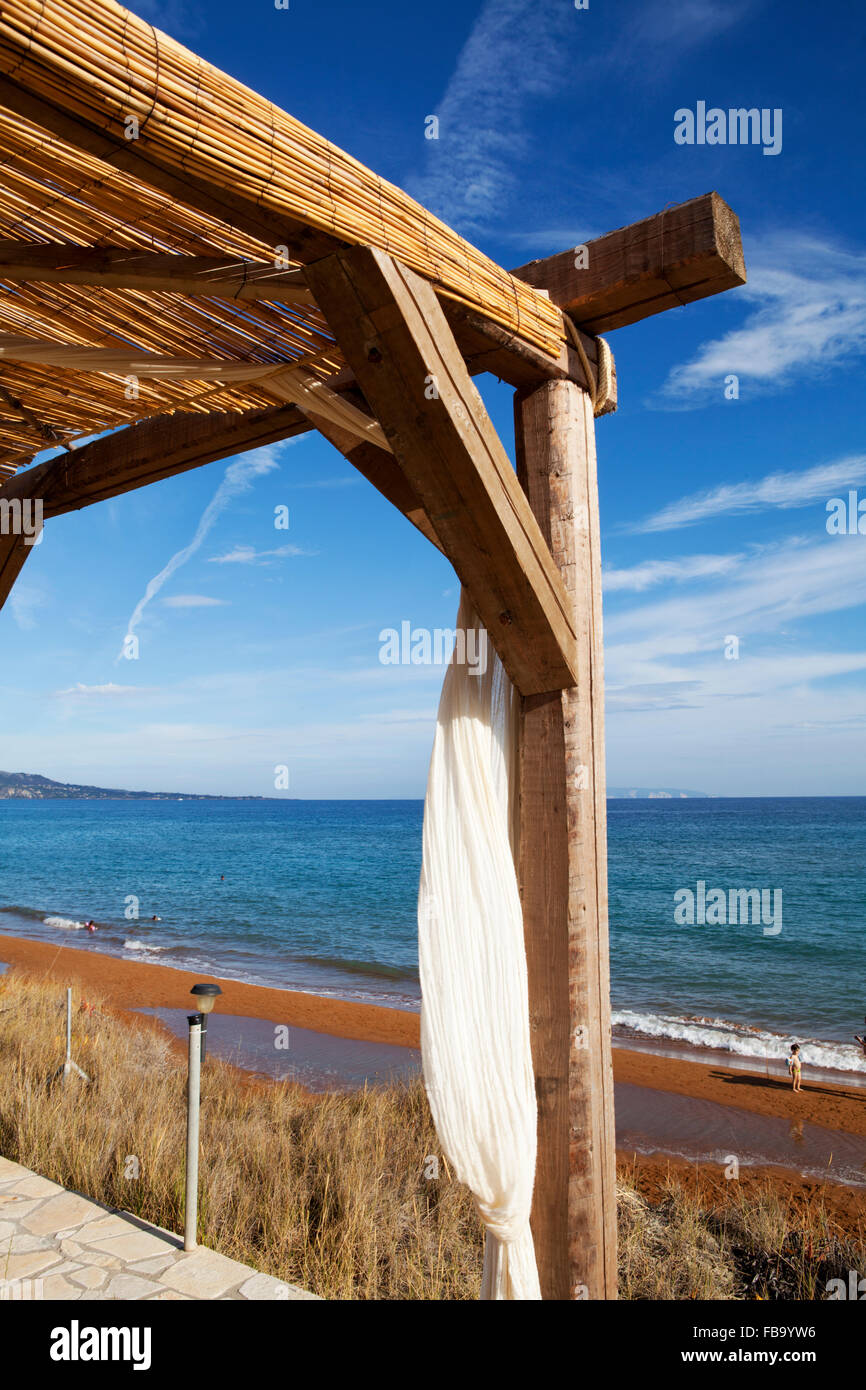Summer porch with view over the ocean. Mega lakkos beach, Lixouri, Kefalonia, Greece Stock Photo