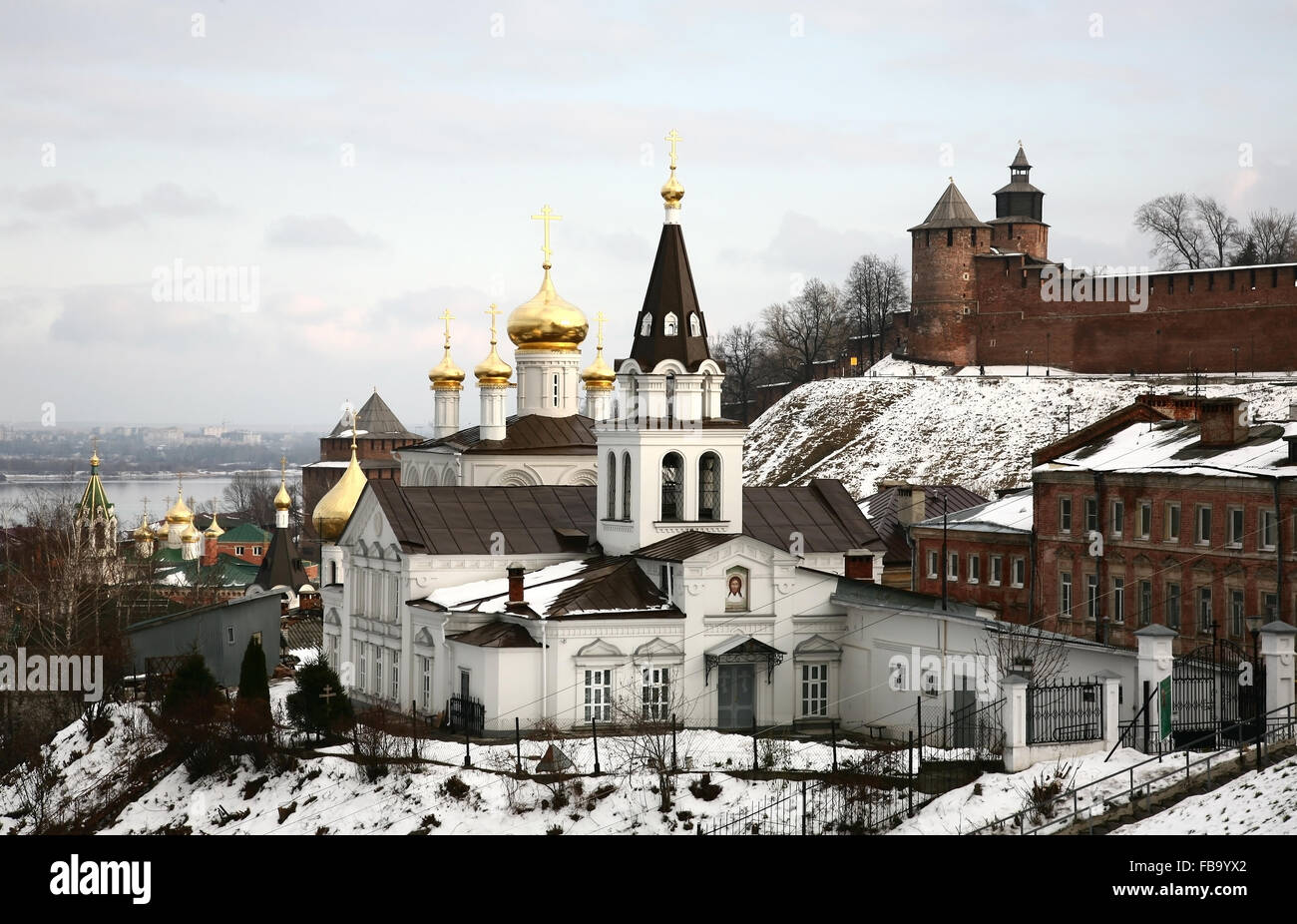 Winter view of orthodox church and Kremlin Nizhny Novgorod Russia Stock Photo