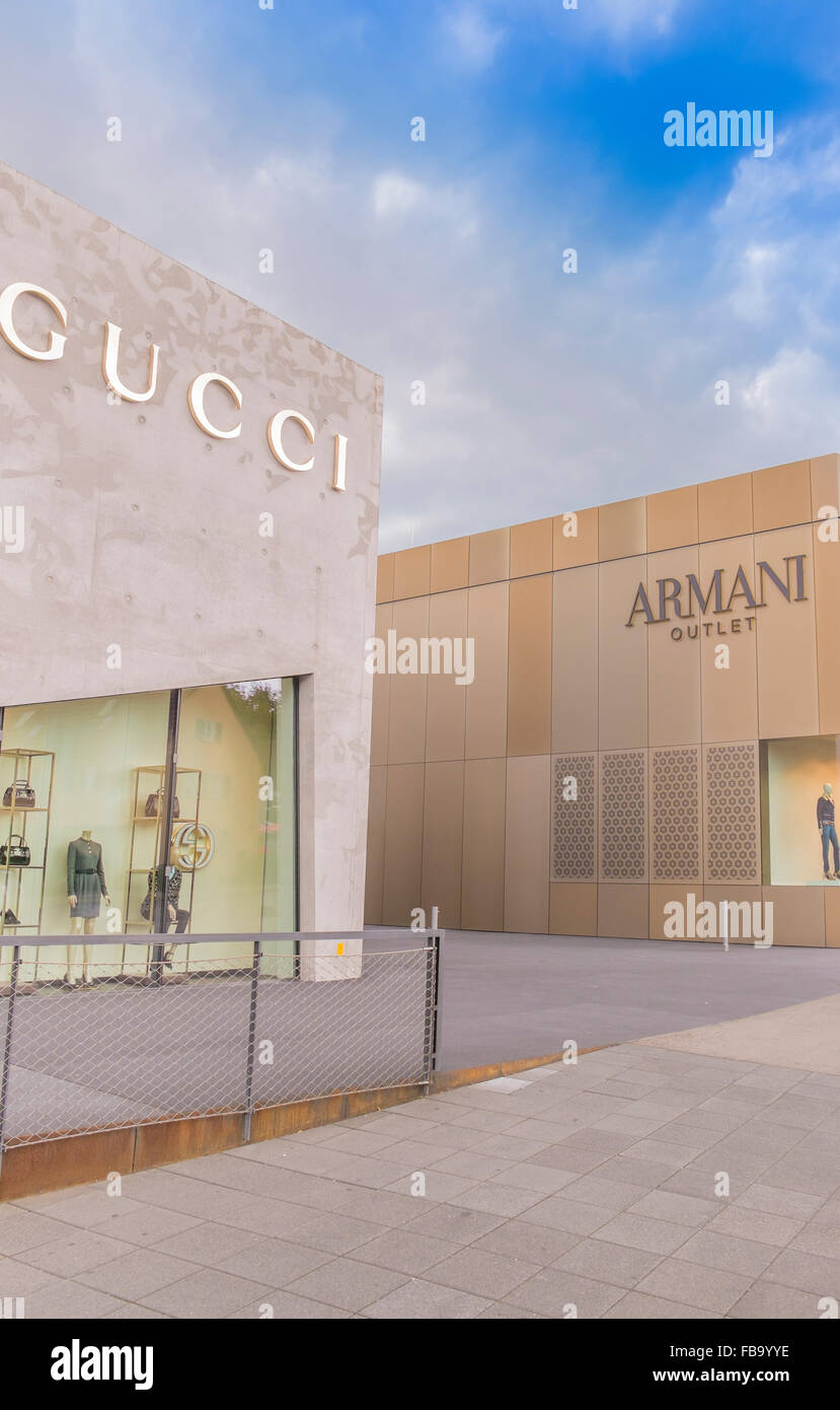 gucci and armani stores, outlet city, metzingen, baden-wuerttemberg, germany Stock Photo