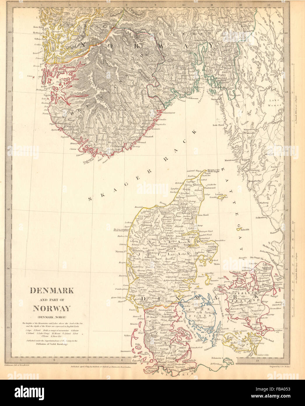 SCANDINAVIA. Denmark and Southern Norway (Norge) . SDUK, 1844 antique map Stock Photo