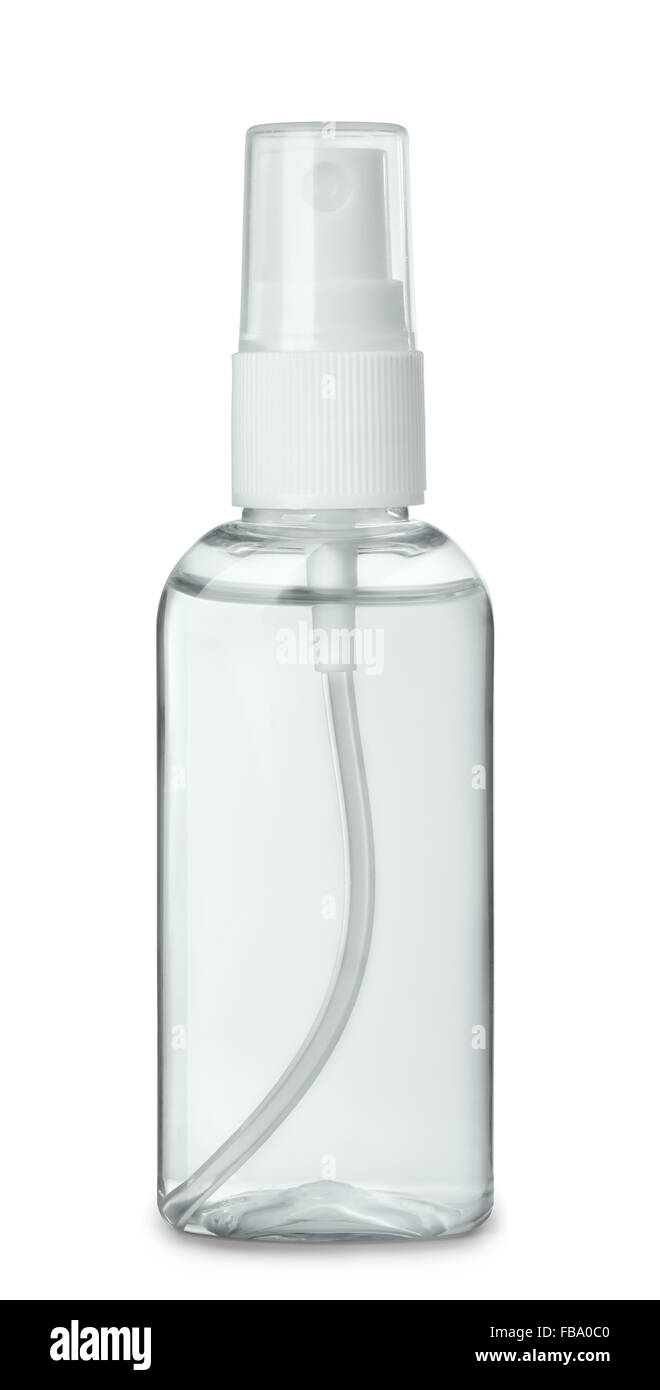 Plastic perfume spray bottle isolated on white Stock Photo