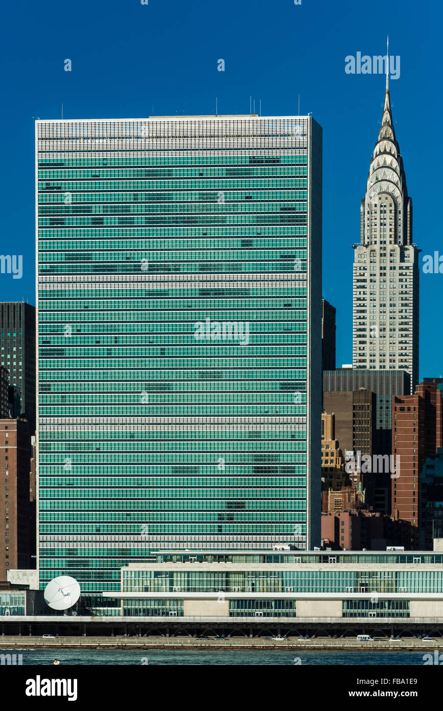 The Headquarters of the United Nations with the Chrysler Building behind, Manhattan, New York, USA Stock Photo