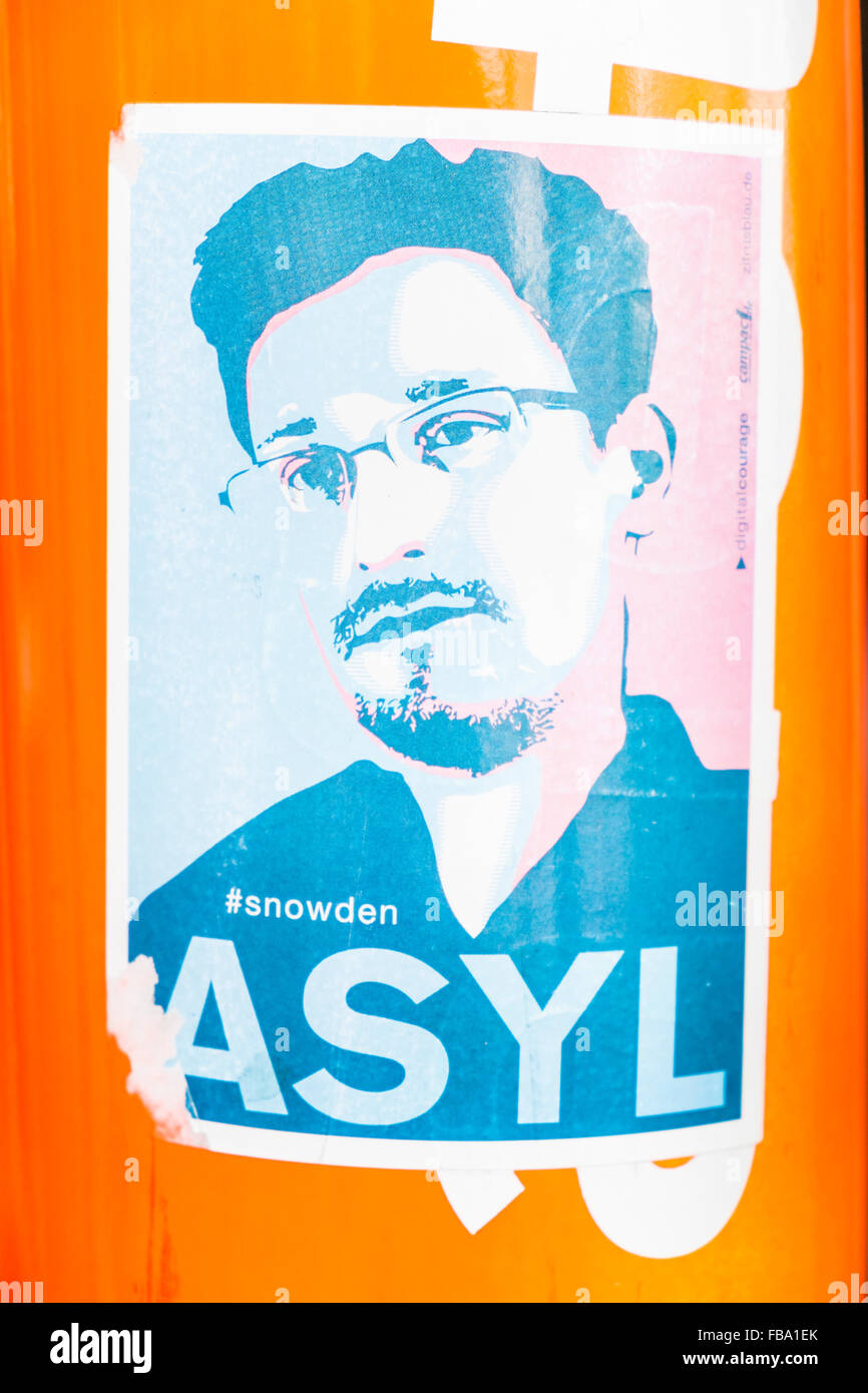 sticker showing american whistleblower edward snowden and the text: # snowden, asylum, stuttgart, baden-wuerttemberg, germany Stock Photo