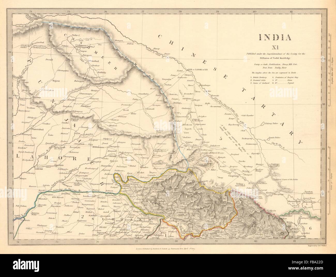 INDIA PAKISTAN. Punjab Garhwal Lahore Sirhind Kashmir China. SDUK, 1844 map Stock Photo