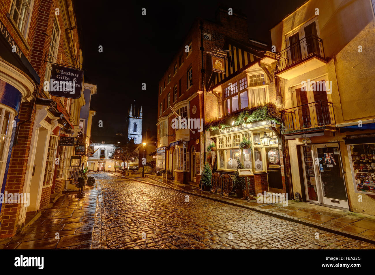 Church Street in Windsor at night looking towards the Queen Charlotte