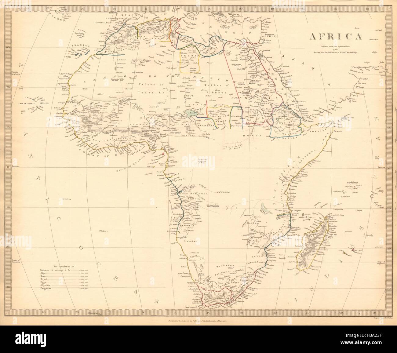 AFRICA map pre-dating much exploration. Mountains of Kong.Population.SDUK 1844 Stock Photo