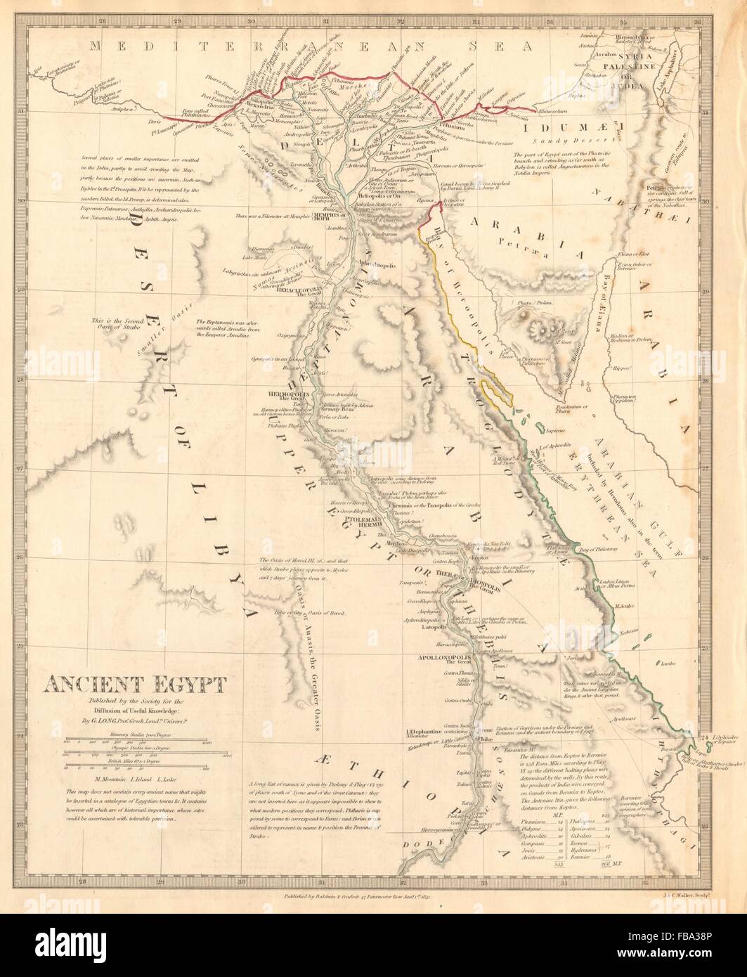ANCIENT EGYPT. Nile Valley. Original outline colour. SDUK, 1844 antique map Stock Photo