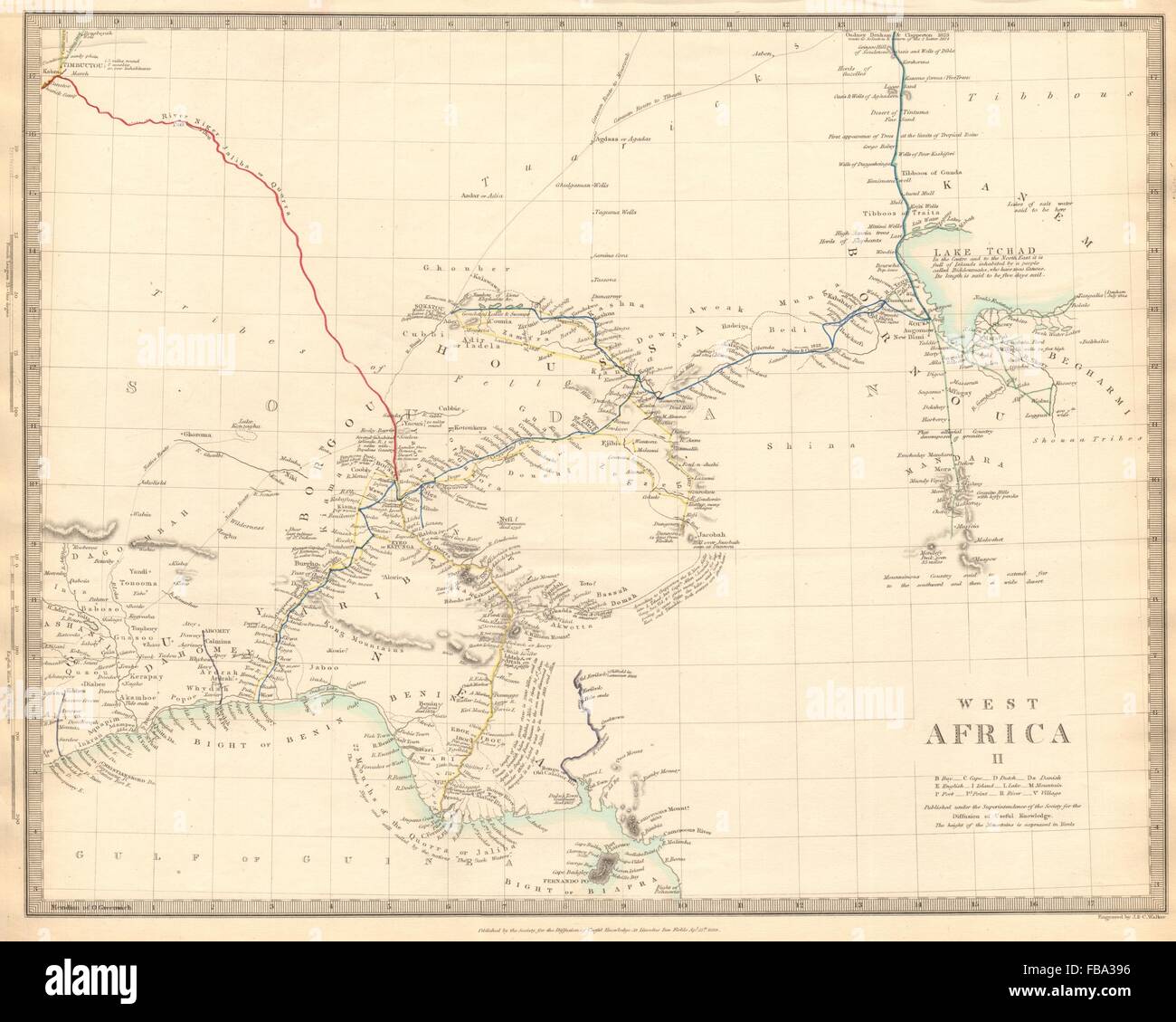 NIGERIA w/ early explorers' routes. Lake Chad Yariba Houssa Borgou.SDUK 1844 map Stock Photo