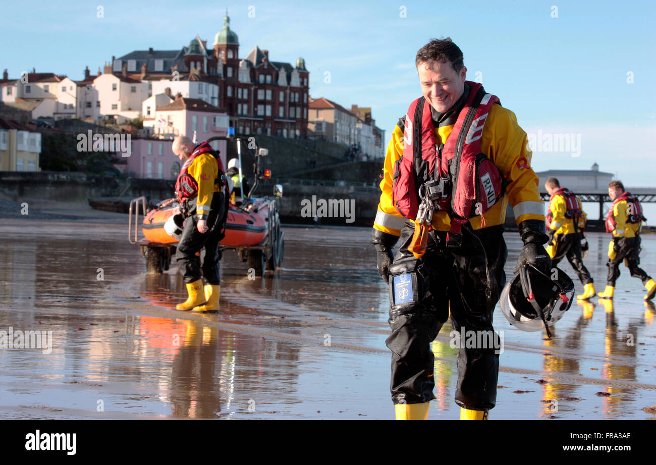 Members of the RNLI volunteer lifeboat crew pictured during training exercises in Cromer, North Norfolk UK Stock Photo