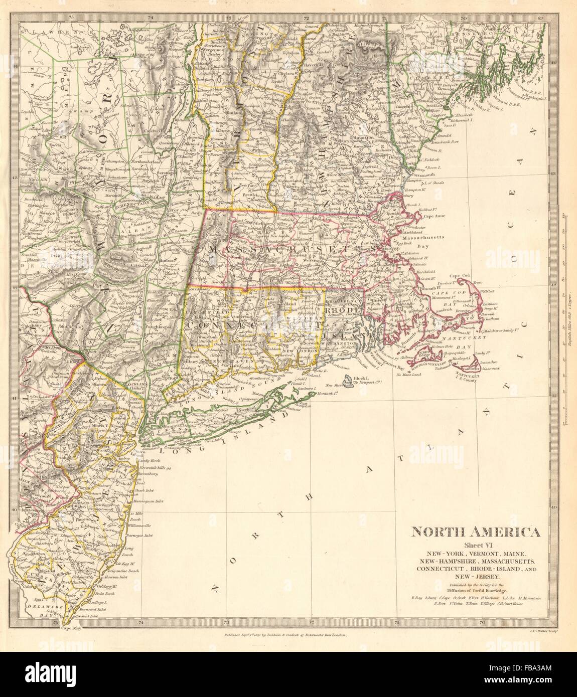 USA.New York Maine Massachusetts Connecticut New Jersey NH RI VT.SDUK, 1844 map Stock Photo
