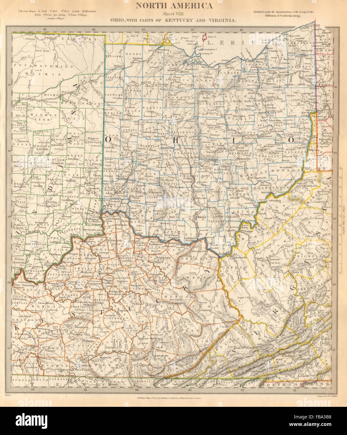 USA. Ohio with parts of Kentucky, Virginia & Indiana. Counties. SDUK, 1844 map Stock Photo