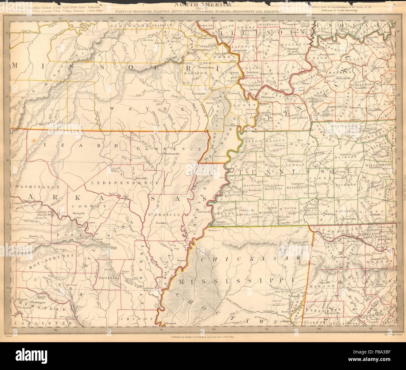 USA. AR MO TN MS IL IN KY AL. Choctaw Chickasaw boundaries. SDUK, 1844 old map Stock Photo