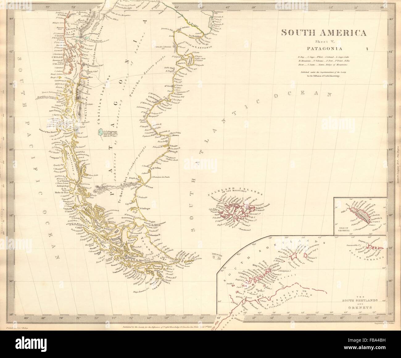 PATAGONIA. Argentina Chile Tierra del Fuego Falklands S Georgia.SDUK, 1844 map Stock Photo
