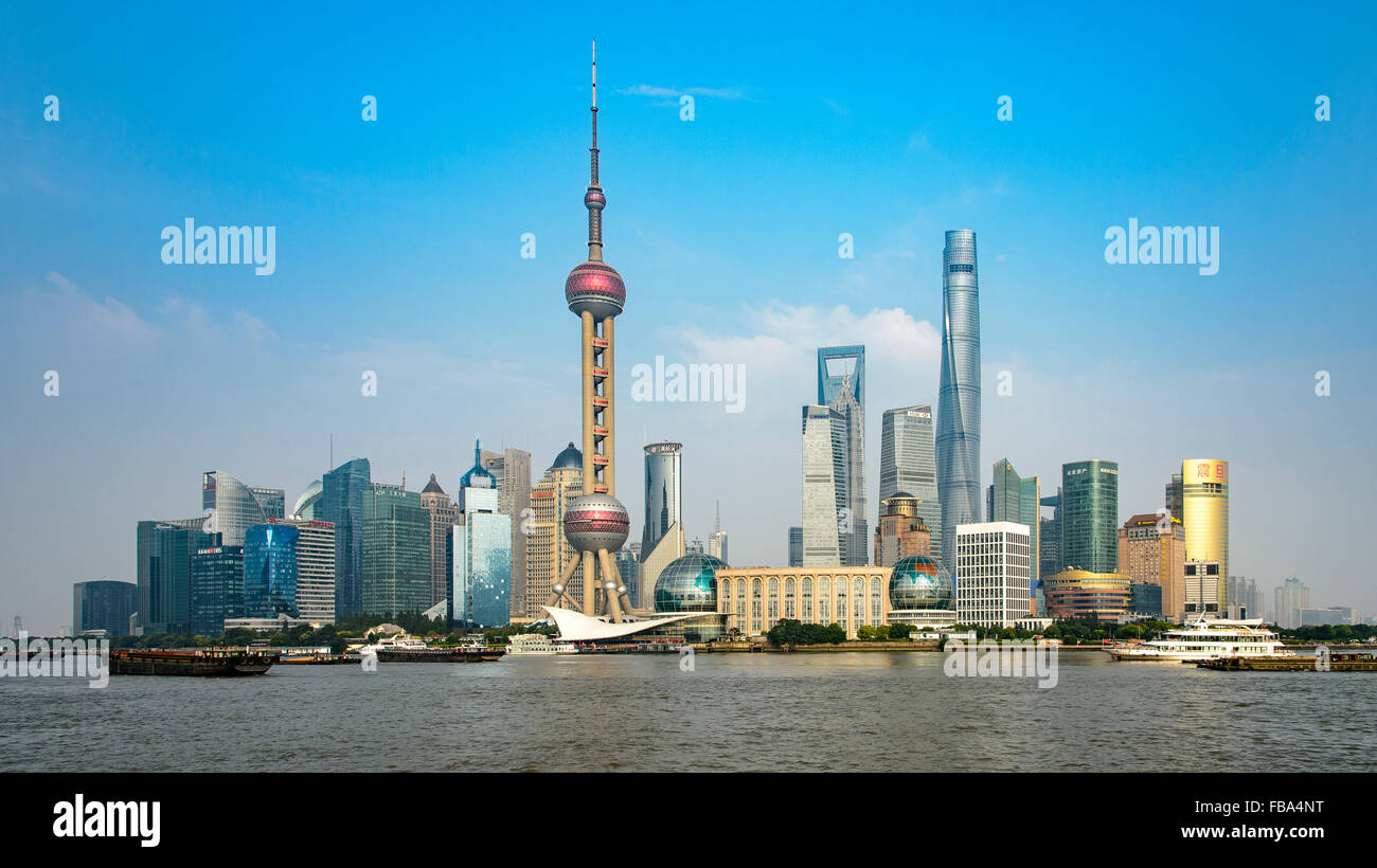China, Shanghai, Lujiazu, Financial district with Huangpu river in foreground Stock Photo
