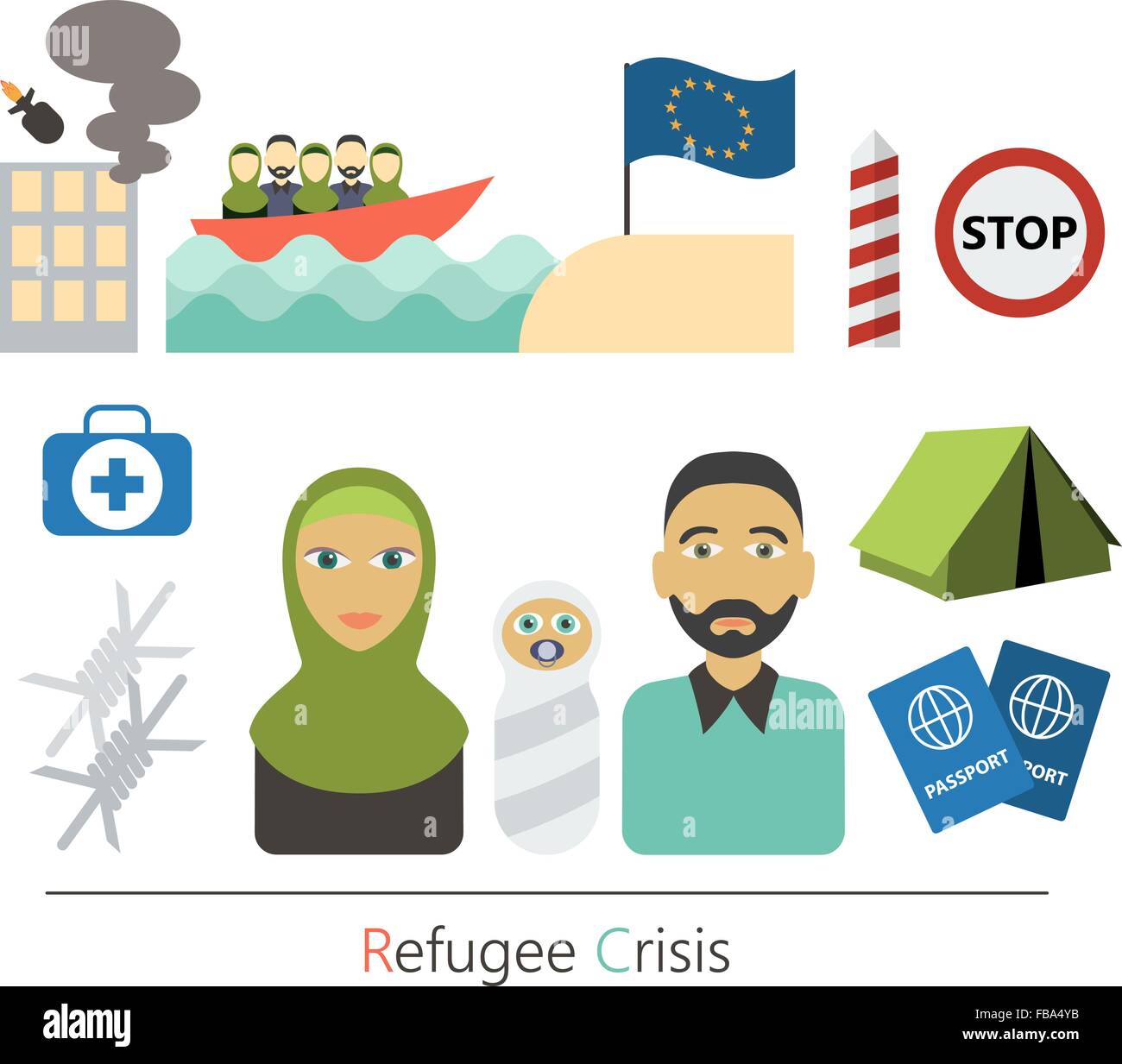 Refugee crisis flat vector concept. War victims concept. Infographic  elements. Set of flat icons cartoon character design Stock Vector Image &  Art - Alamy