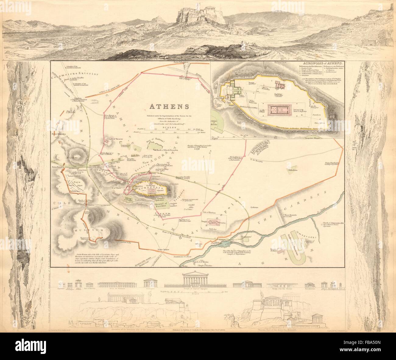 ANCIENT ATHENS. Αθήνα. Antique town city map plan. Acropolis. SDUK, 1844 Stock Photo