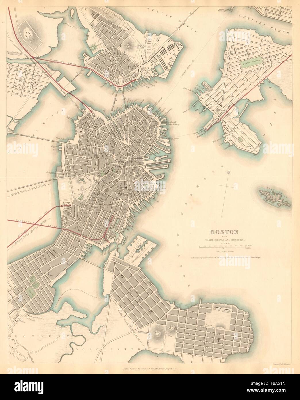 BOSTON WITH CHARLESTOWN AND ROXBURY. Antique town city map plan. SDUK, 1844 Stock Photo