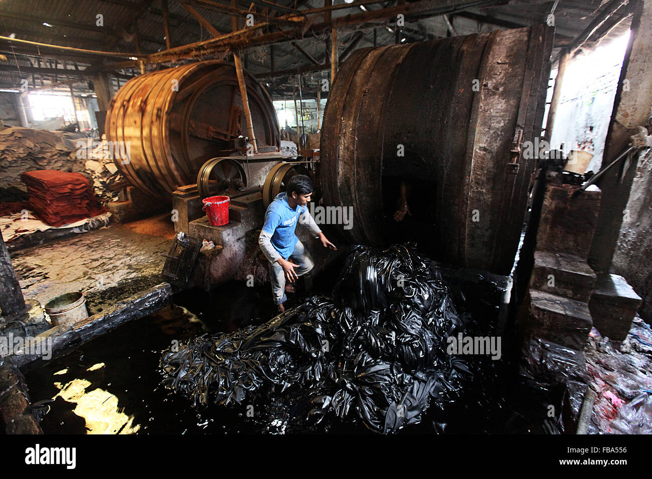Dhaka 13 January 2016. Workers process animal skins in a Leather factory in Hazaribagh, Dhaka