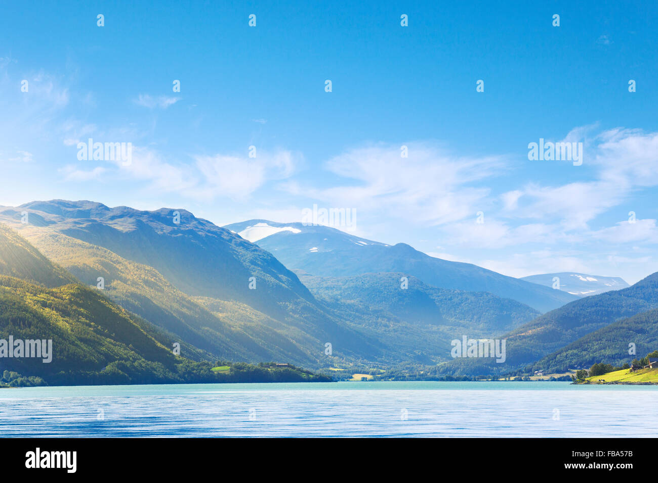 Norway, More og Romsdal, Sunnmore, Geirangerfjorden, View of mountain valley from sea Stock Photo