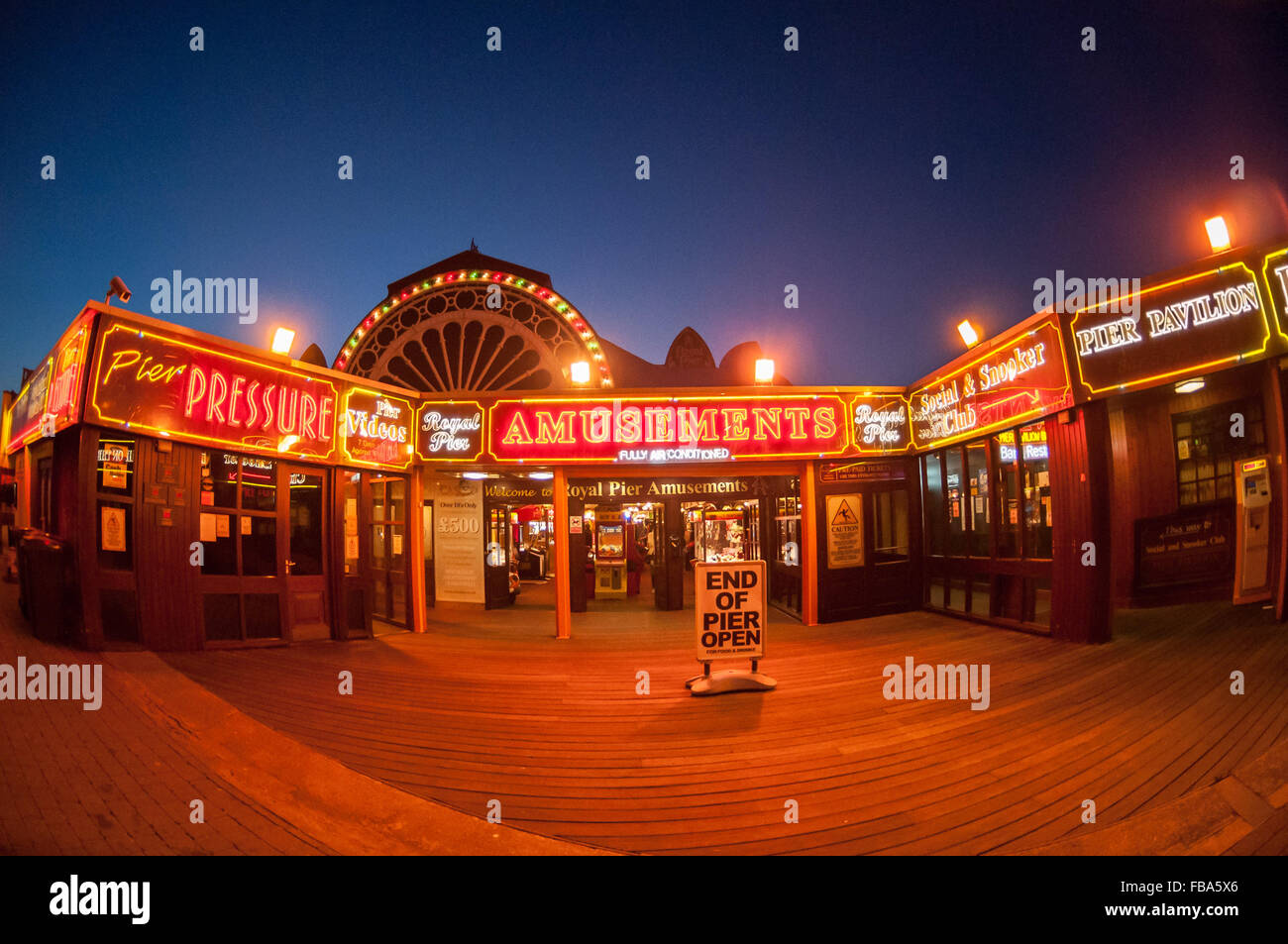 Fisheye photograph of the entrance to Aberystwyth's Victorian pier. Stock Photo