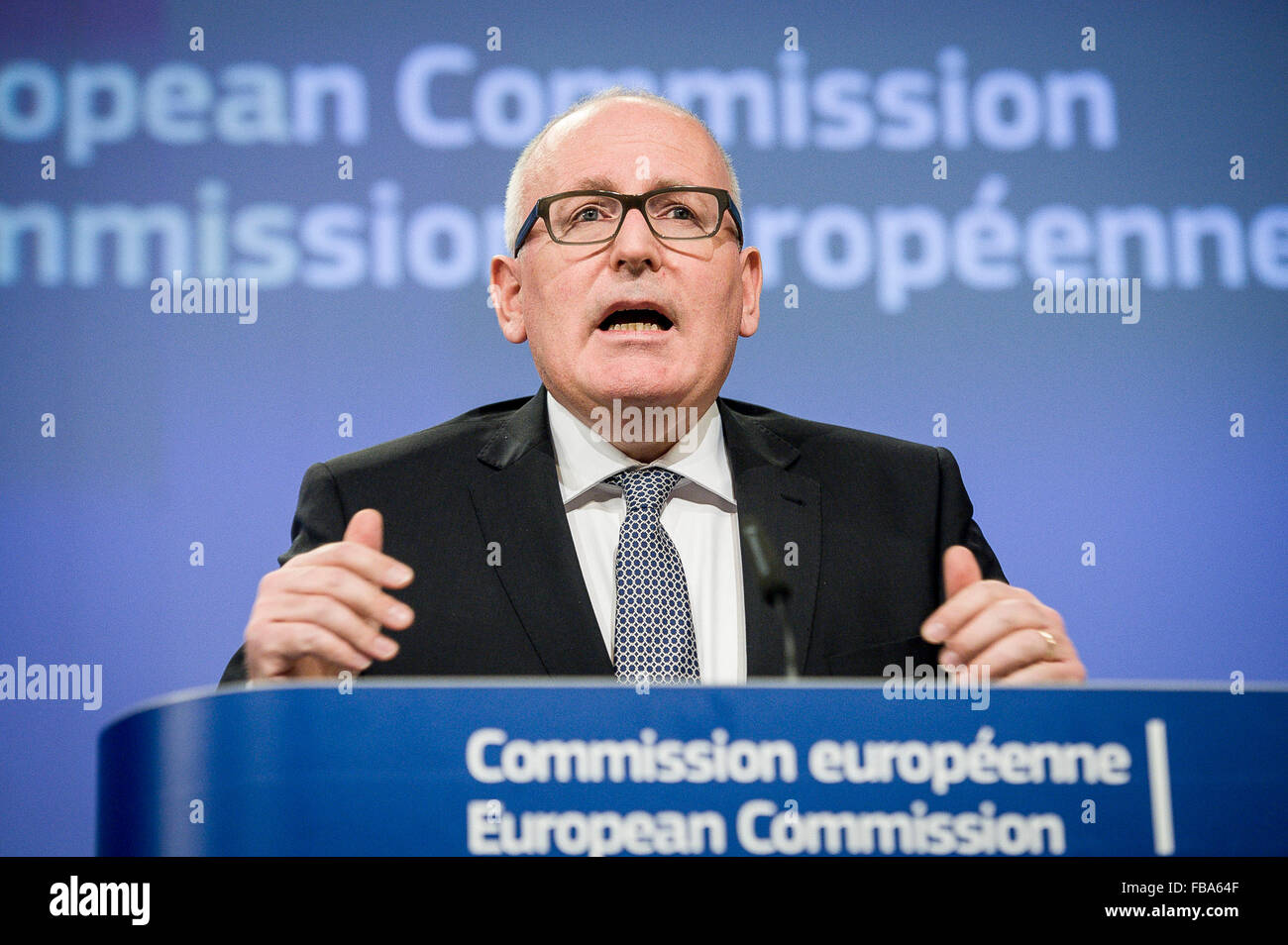 Brussels, Bxl, Belgium. 13th Jan, 2016. Frans Timmermans, First vice-president of the European Commission for better regulation, inter-institutional relations, the rule of law, and the Charter of Fundamental Rights holds a press conference at European Commission headquarters in Brussels, Belgium on 13.01.2016 The European Commission decided to carry out ''preliminary assessment'' on the issue of Polish constitutional court under rule of law procedure by Wiktor Dabkowski Credit:  Wiktor Dabkowski/ZUMA Wire/Alamy Live News Stock Photo